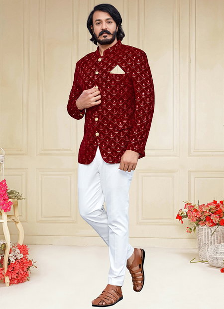 Maroon Colour Outluk Vol 87 New Latest Designer party Wear Velvet Jodhpuri Suit Collection 87004